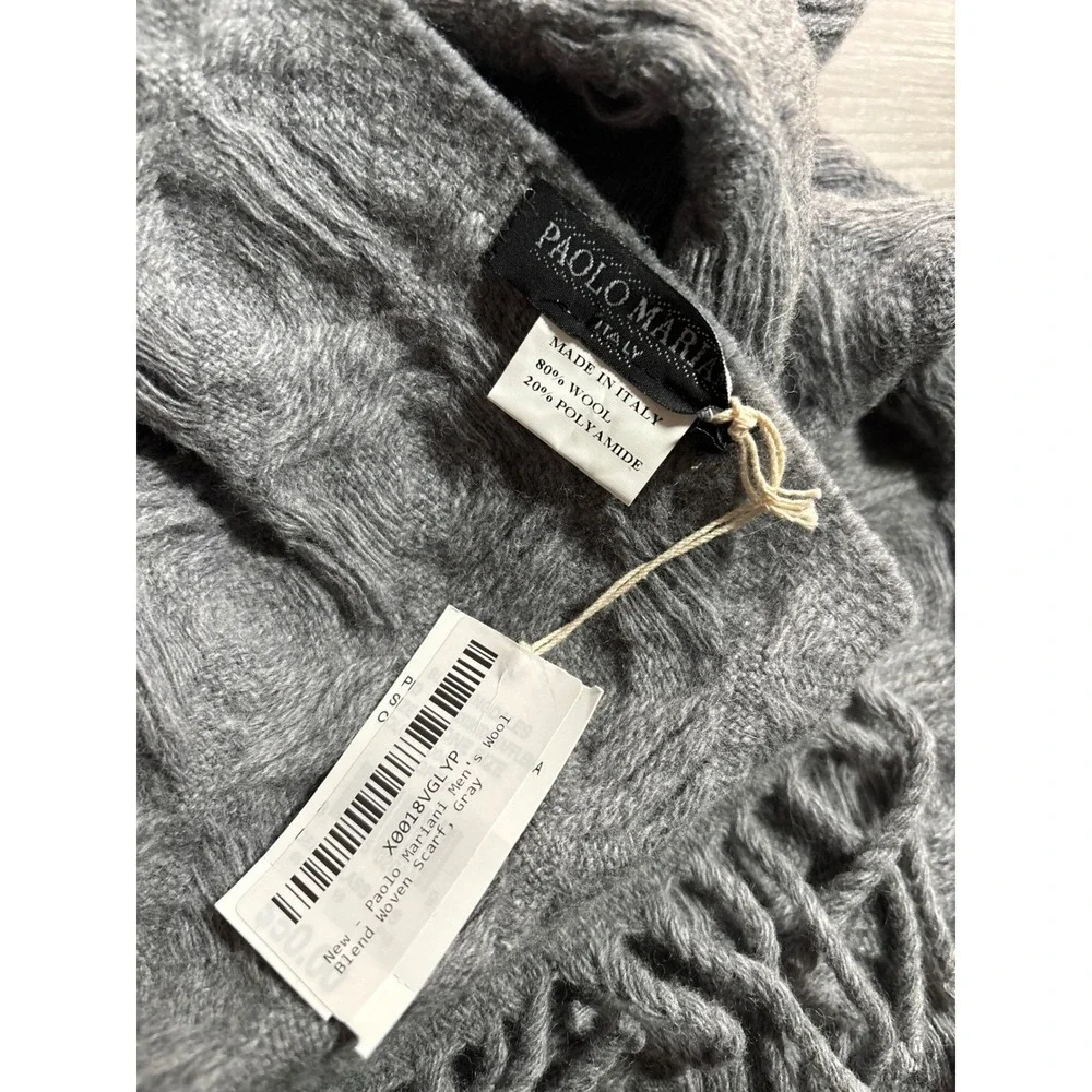 NWT Paolo Mariani Mens Wool Blend Scarf Gray Woven Made Italy Textured Fringed